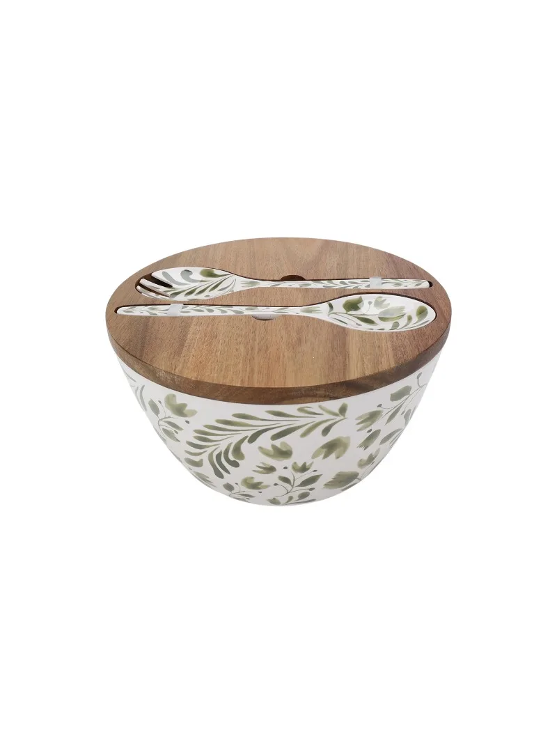 

Green 4-Piece Bamboo Melamine Salad Serving Bowl and Utensil Set with Acacia Wood Lid