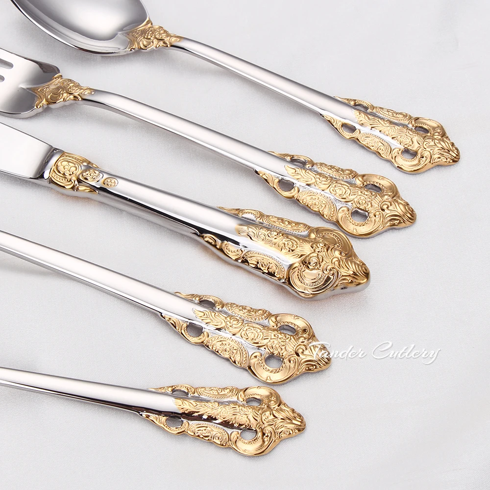 12/15/16/20 Pieces Gold Plated Luxury Cutlery Set Stainless Steel Gold Dinnerware Vintage Western Tableware Fork Spoon Knife Set