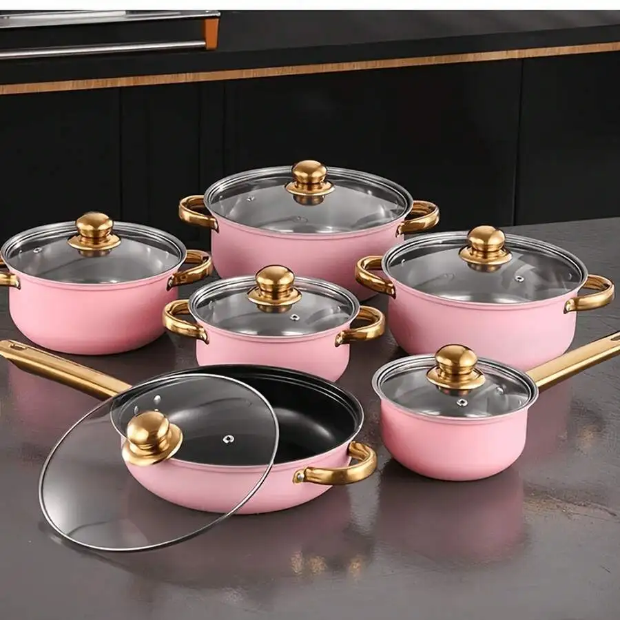 18pcs Luxury Pink Professional Kitchen Non-Stick Stainless Steel Pots And Pans Set With Lids, Durable Easy-Clean Design, Inducti