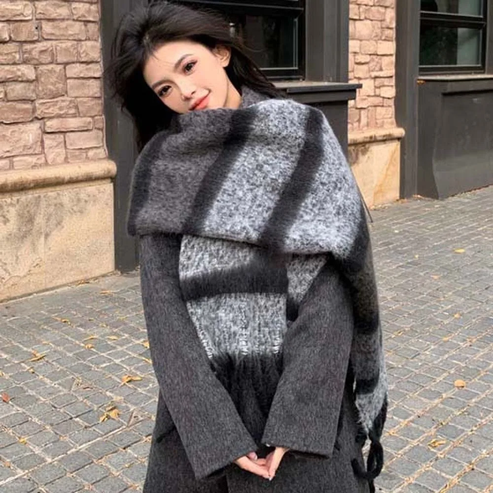 Chunky Neckwear Thick Winter Scarves Soft Thermal Plaid Mufflers Windproof Cozy Tassel Shawls Outdoor Travel