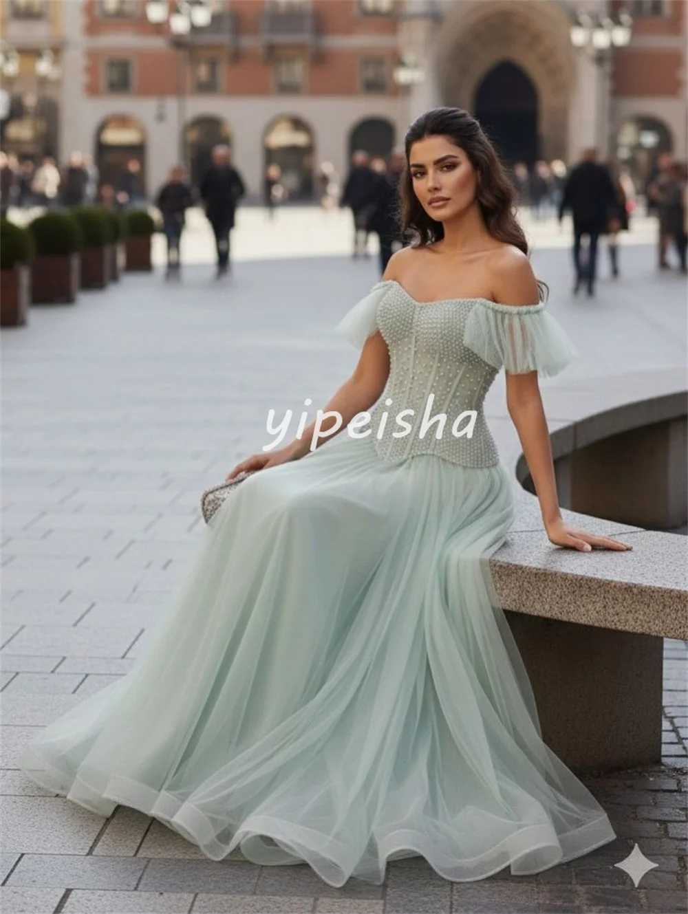 تخصيص مطابقة معقدة تول الطية اللؤلؤ ألف خط خارج على الكتف فساتين طويلة فساتين السهرة الأحجام المتاحة رائعة #3