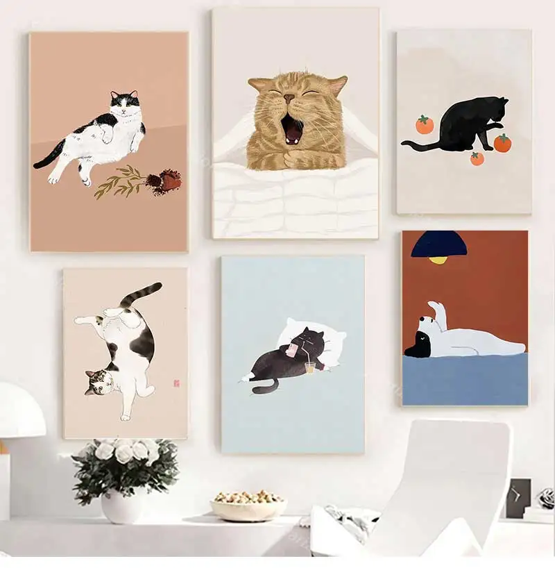 Modern Wall Painting for Living Room, Canvas Print, Poster, Cat, Wine, Pizza, Animal Funny, Art Pictures, Nordic, Modern