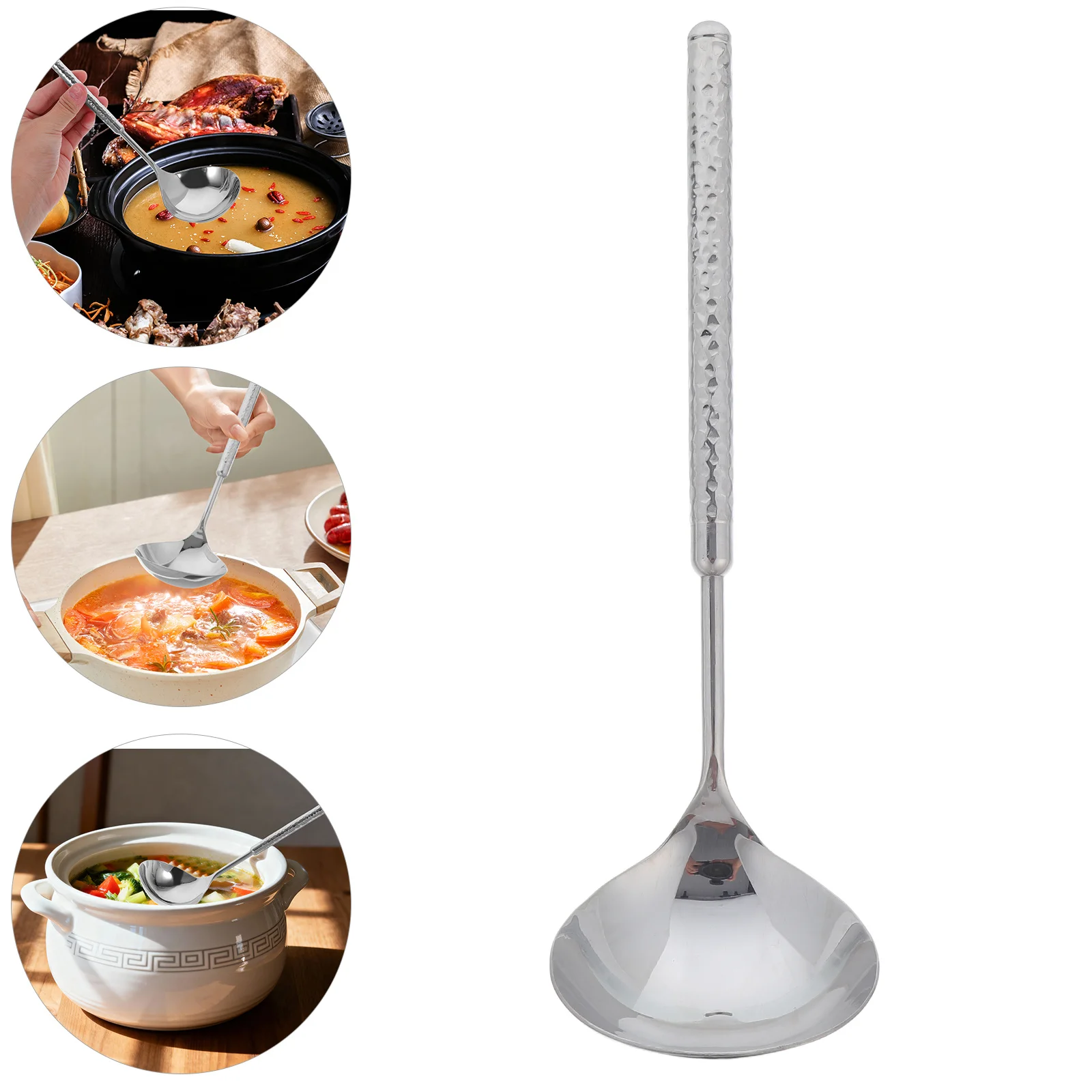 

Stainless Steel Soup Ladle Long Handle Hammered Design For Hot Pot Noodle Cooking Serving Silver Kitchen Utensils