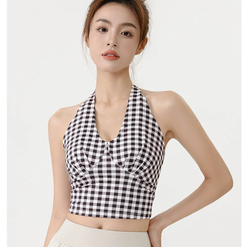 Womens Plaid Halter Yoga Tank Top V Neck Slim Fit Cropped Sports Bra Breathable Quick Dry Gym Fitness Workout Vest