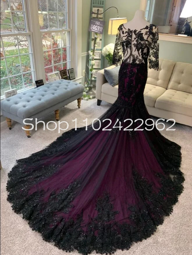 Gothic Black Purple Wedding Dress With Illusion long Sleeves Sheer O-neck Gillter Lace Applique Chapel Train Bridal Gown