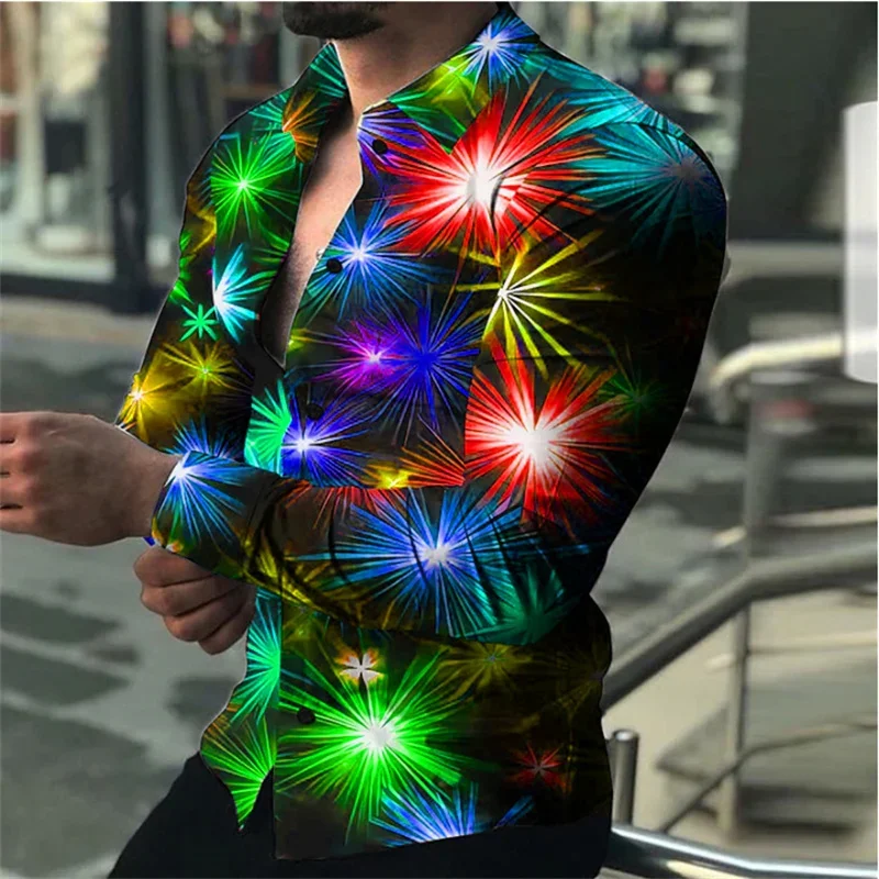 2024 Men\'s Shirt Colorful Star Casual 3D Print Cardigan Shirt Party Street Vacation Inverted New Long sleeved Cardigan Shirt