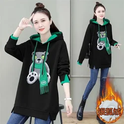 Plus Velvet Fashion Cartoon felpa con cappuccio donna 2023 autunno inverno spessa allentata Top Casual ricamo Splicing cappotto camicia sportiva Femal