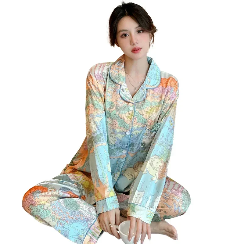 Colorful Jungle Pajama Satin Silk Spring Autumn Long Sleeves Long Pants Young Girl Thin Homewear Casual Set Loose Sleepwear