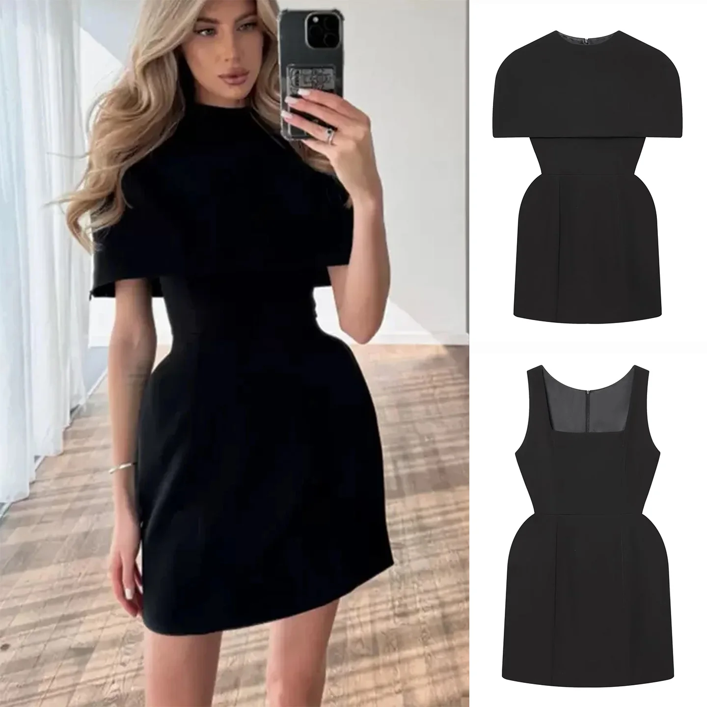 

Minimalist Winter New Women's Sleeveless Square Collar Overhead round Neck Shawl Slim Fit A-Line Short Dress Polyester Fiber