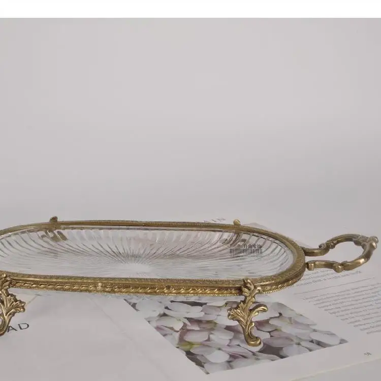 Handmade Brass Tray Vintage Glass Double Ear Fruit Plate Cosmetic Jewelry Storage Desktop Decoration  Vessels