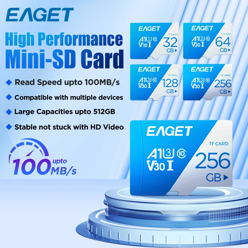 

Eaget Mini SD Card 64 ГБ 128 ГБ 256 ГБ 512 ГБ U3 V30 A1 Class 10 — высокоскоростная карта памяти для смартфона, видеорегистратора, дрона