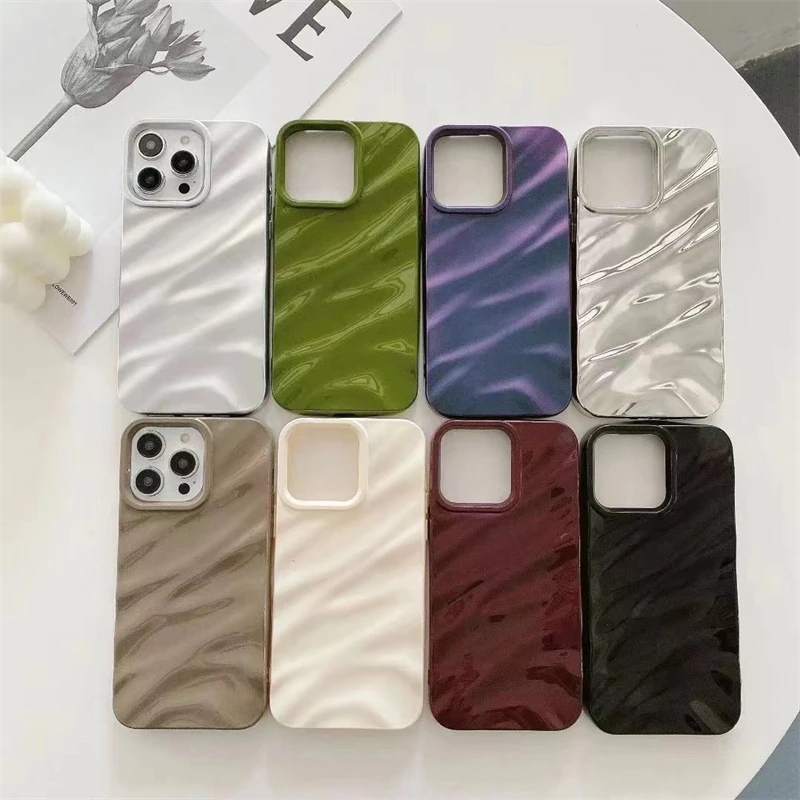 3D Modle Phone Cases For iPhone 15 14 13 Pro Max Wave Satin Ruffle Pattern Phone Covers Solid Color Cases Back Protective Fundas