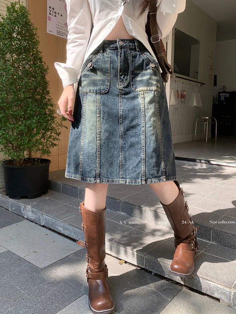 Benuynffy American Retro Midi Denim Skirt Women 2024 Spring Summer Fashion Street style High Waist Do old Washed A-Line Skirts