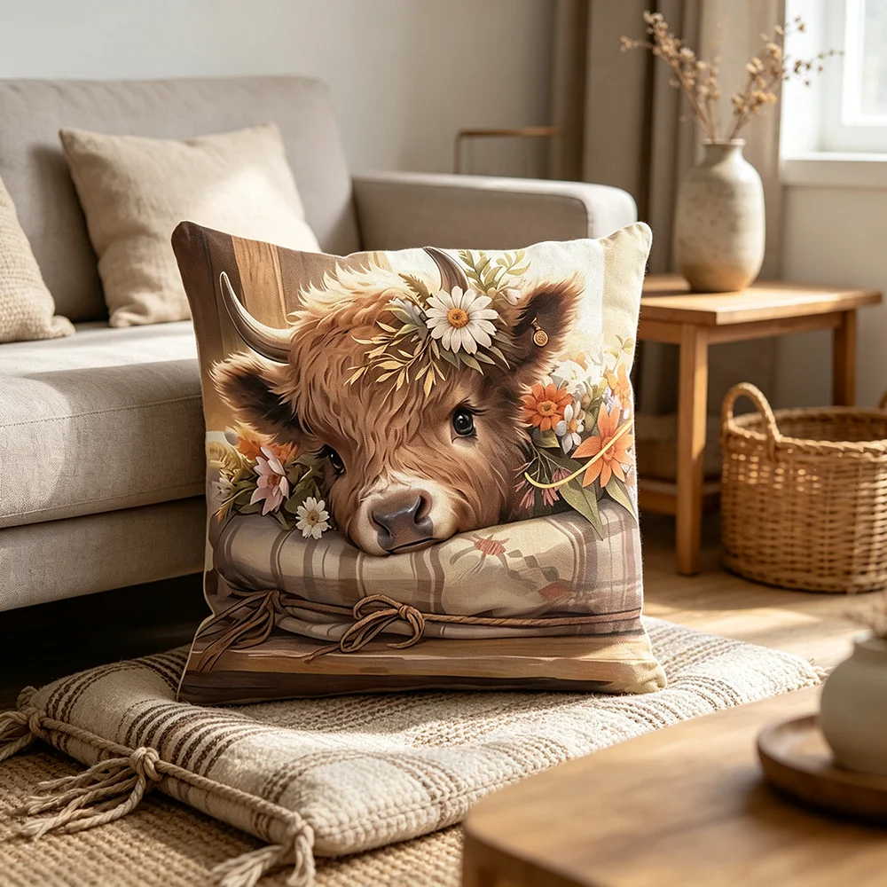 1PC Throw Pillow Cover,Highland Cow Scottish Cattle Print,Vintage Farmhouse Style,For Sofa Bedroom Couch Home Decor