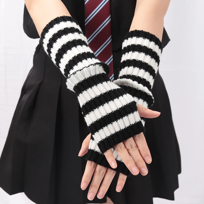 1Pair Knit Fingerless Gloves Women Soft Black White Stripes Warm Knitted Arm Warmers Winter Hand Accessories Stylish Elastic