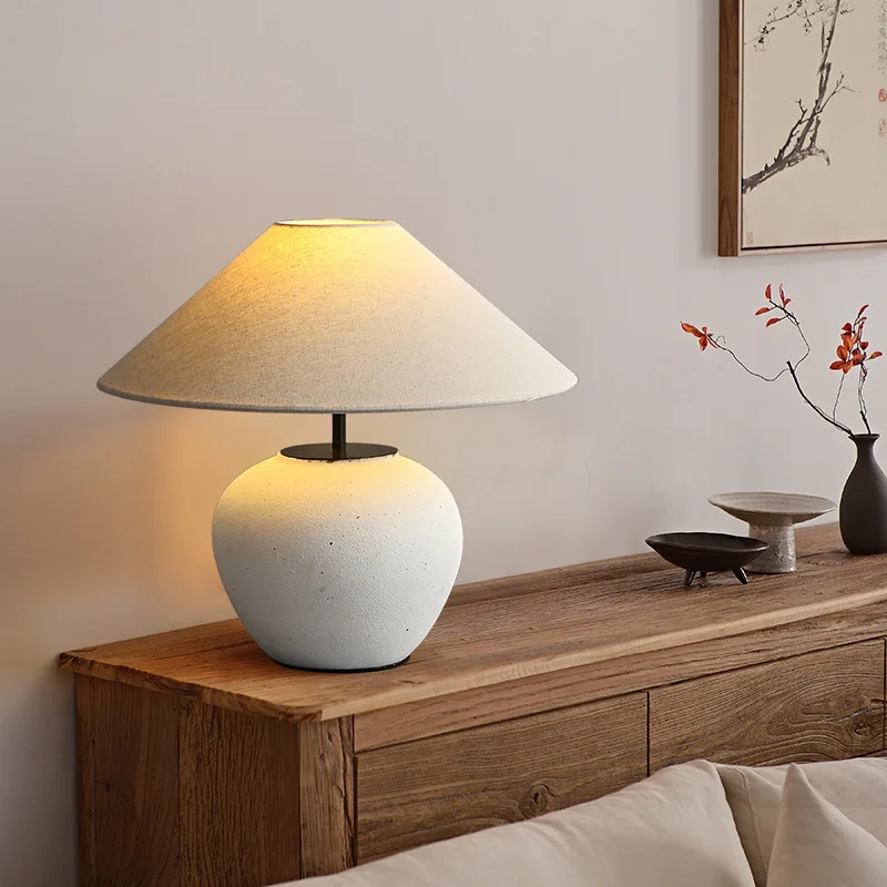 Wabi Sabi style handmade pottery jar table lamp, Japanese designer living room bedroom decoration ornament