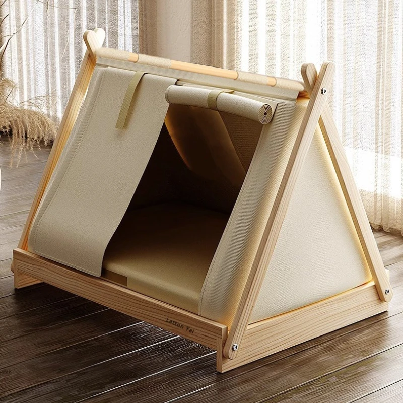 Indoor Dog Tent Solid Wood Base Dogs Bed Removable Moisture-proof Puppy House Double Door Breathable Comfortable Pet Tents
