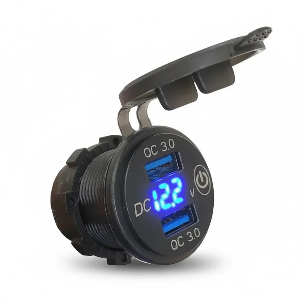 

QC 3.0 USB Connector, Plastic Dual USB Charger with Switch Digital Display Voltmeter, Marine Grade Socket for Car Yacht