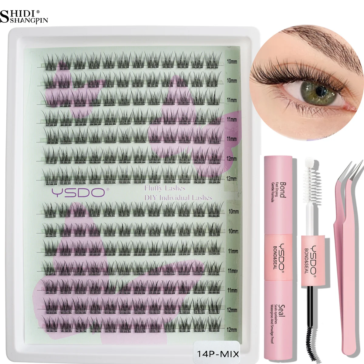 Kit de grupos de pestañas postizas DIY, unión y sello de pestañas 2 en 1, juegos de extensiones de pestañas postizas espectaculares y esponjosas gruesas, herramientas de maquillaje