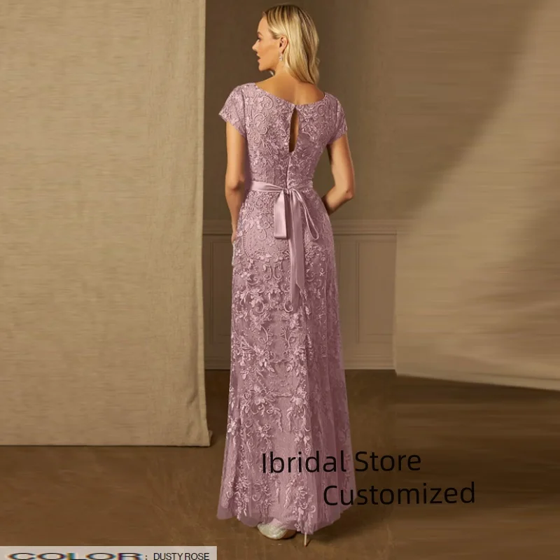 Customized Elegant O Neck Lace Appliques Short Sleeve A Line Long Mother Dress Ankle Length Bride Of Mother Dress Plus Size
