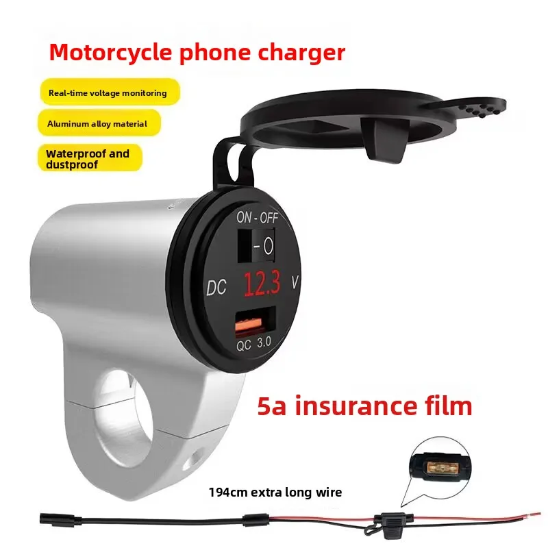 Motorcycle Aluminum Alloy Waterproof Mobile Phone Charger Digital Display Voltage QC3.0 Car Usb Fast Charging Power-off Switch