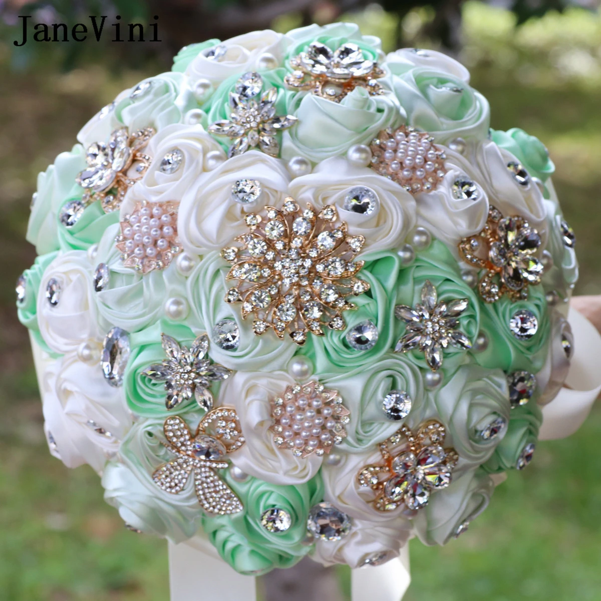 JaneVini Luxurious Crystal Gemstones Mint Green Bridal Bouquet Sparkly Jewelry Pearls Artificial Roses Flowers Wedding Bouquets