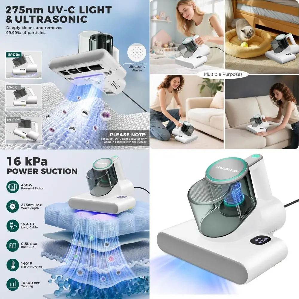 UV-C- en warmtematrasreiniger: 16kPa bedstofzuiger met HEPA, ultrasoon en dubbele bekers