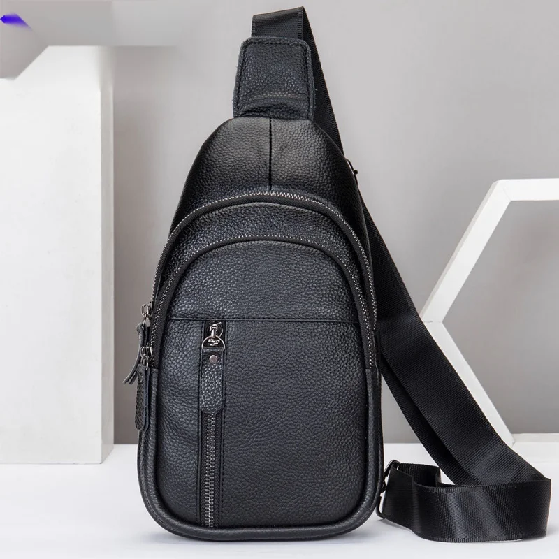 New Men's Cow Leather Chest Sports Man Shoulder Bag Casual Male Crossbody Bag