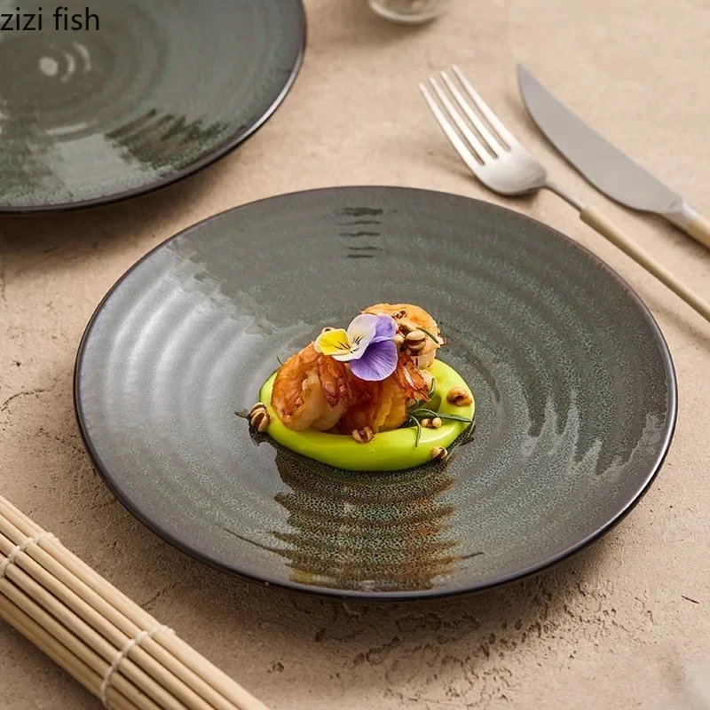 Kiln Changes Ceramic Shallow Plate Olive Green Steak Plate Dessert Plate Sushi Plates Molecular Cuisine Featured Tableware