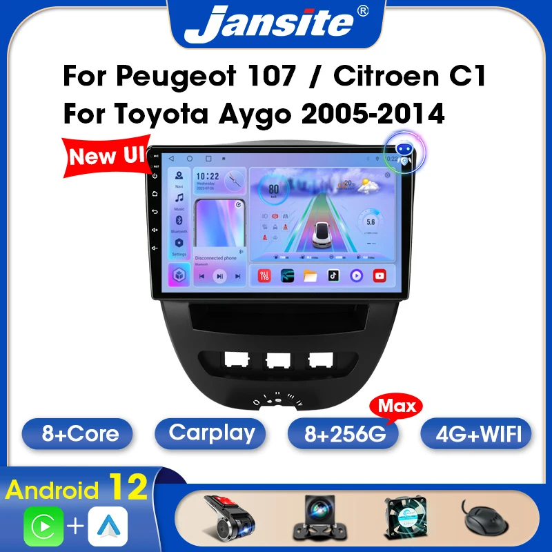 Jansite Android 12 Car Radio For Peugeot 107 Toyota Aygo Citroen C1 2005-2014 2Din Multimedia Player Carplay Auto Stereo DVD RDS