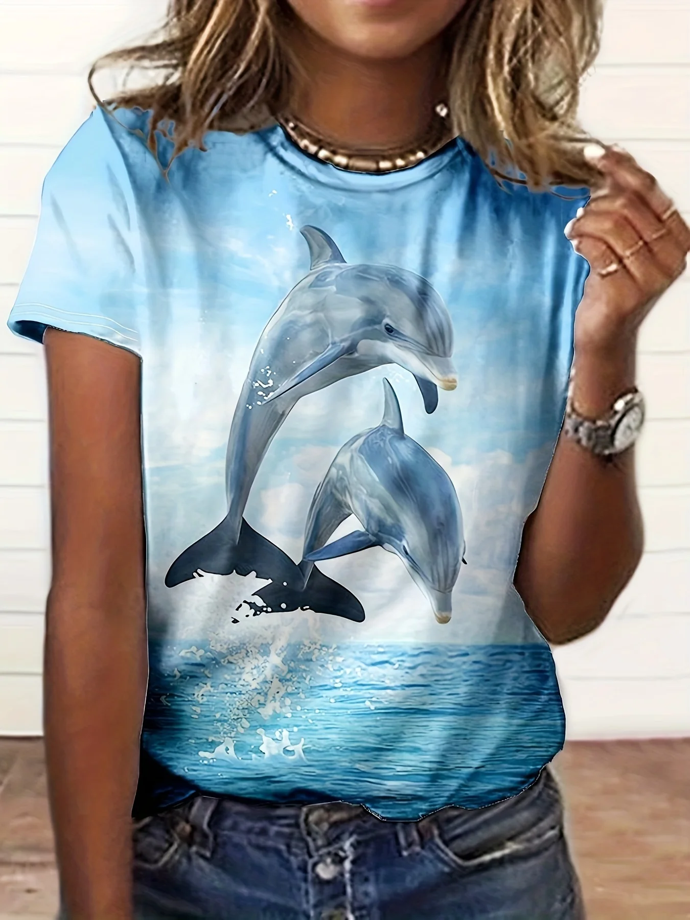 Women Crew Neck Short Sleeve T‑shirt Dolphin Ocean Sea Sky Gradient Art Print Summer Casual Top
