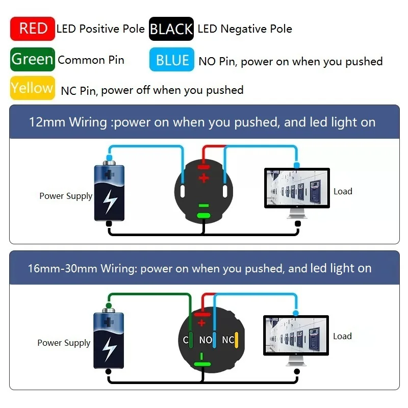 22mm Black Metal Push Button Switch Waterproof LED Light Self locking/Momentary Flat Head Switch with Connector