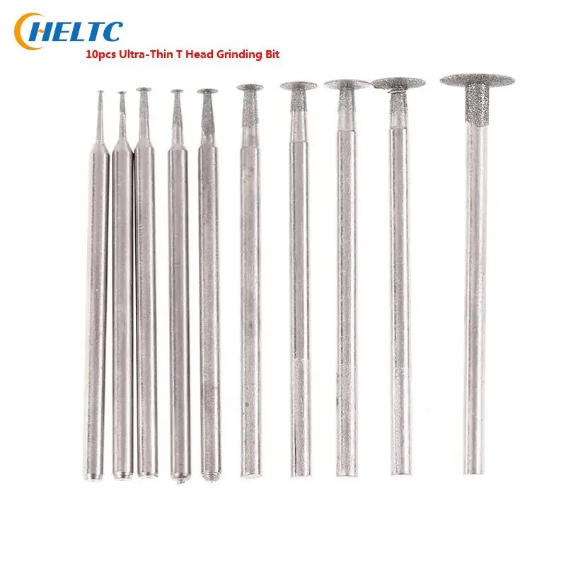 10Pc Ultra-Thin T Head Grinding Bit 2.35mm Shank Diamond Mounted Point Grinding Head Stone Jade Carving Polishing Engraving Tool