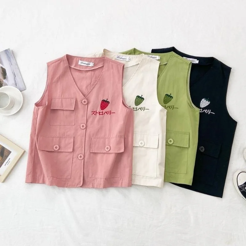 

Женский жилет с мультяшной вышивкой, милый кавайный повседневный верхняя одежда без рукавов с карманами, универсальная простая студенческая одежда в стиле ретро для колледжа, корейский шик