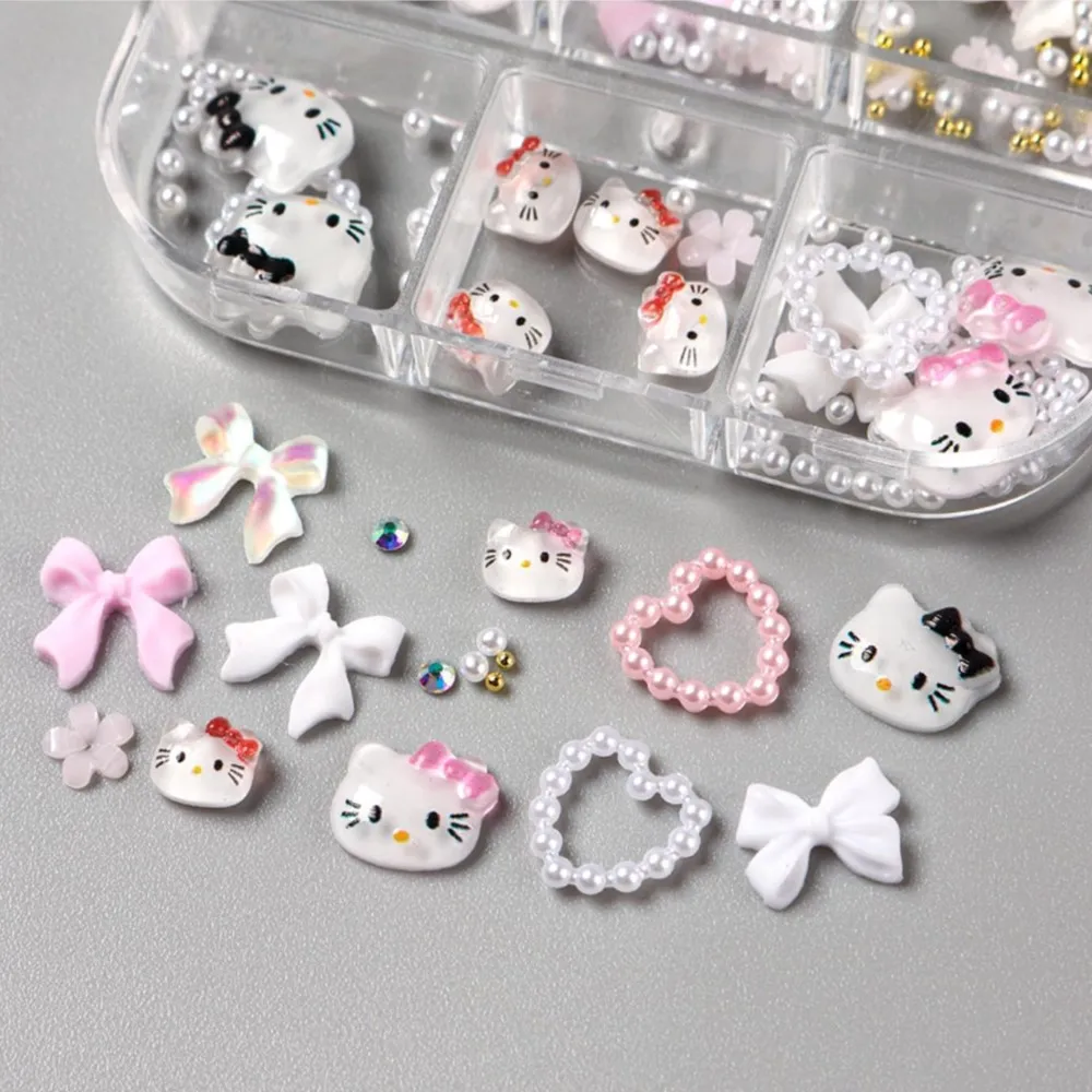 6 تقلد لطيف الكرتون كيتي القط القوس مسمار السحر مختلط الراتنج مرحبا كيتي اللؤلؤ Bowknot حجر الراين الأحجار الكريمة الوردي كيتي مسمار الفن الديكور