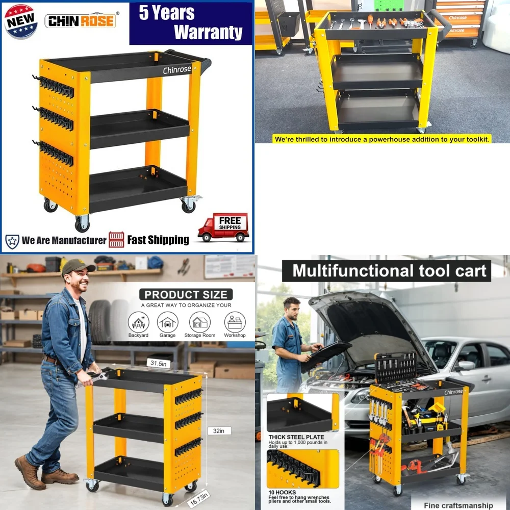 

Tool Box3 Tier Heavy Duty Rolling Tool Cart with Pegboard Hooks and Wheels Metal Storage Organizer