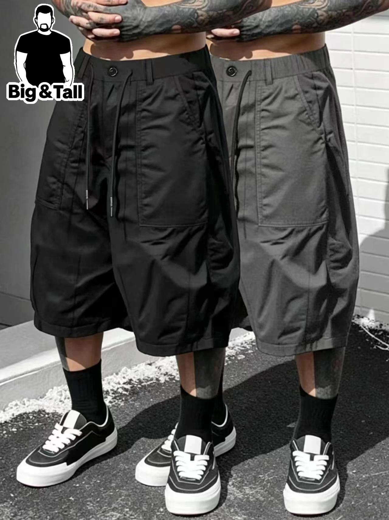 Large Size Men's Fashion Casual 7/8 Shorts Set with Pockets Gothic Style Outdoor Functional Wear Sports Running Soft Linen Feel