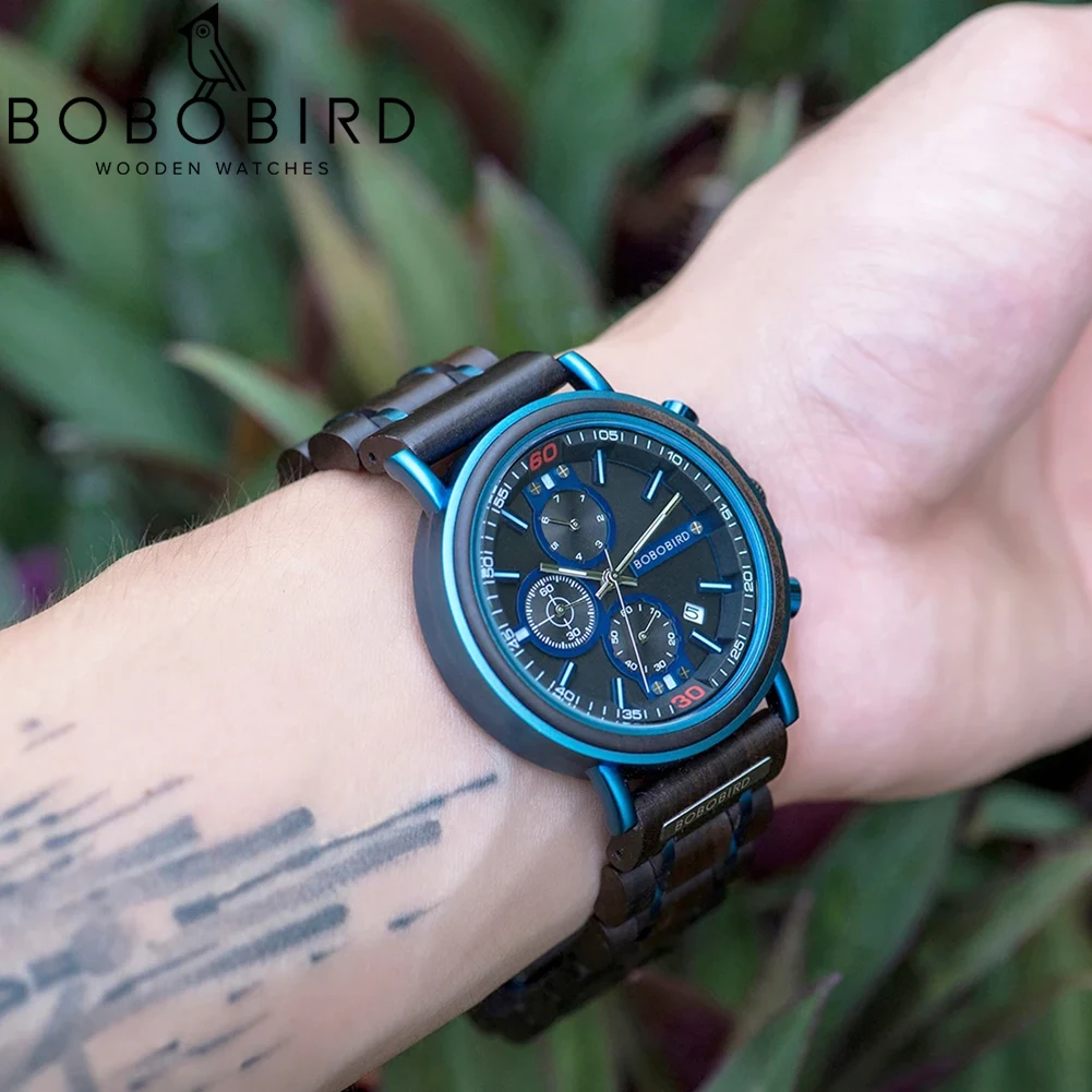 Personalizar logo nombre hombres relojes de madera BOBO BIRD calendario de moda cronómetro relojes de pulsera de cuarzo personalizados regalo Dropshipping
