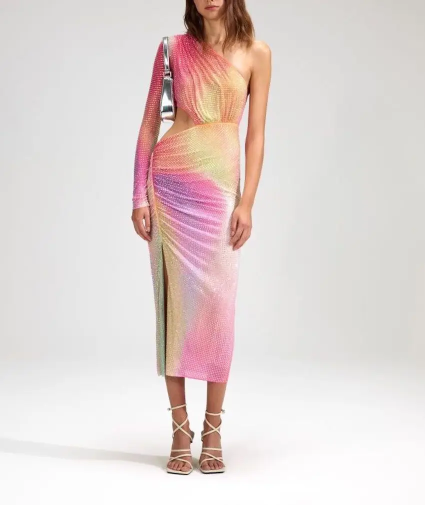 Diamond One Shoulder Rainbow Side Slit Midi Bodycon Dresses, Sexy Hollow Out, Celebrity Evening Runway, Night Party, Luxury