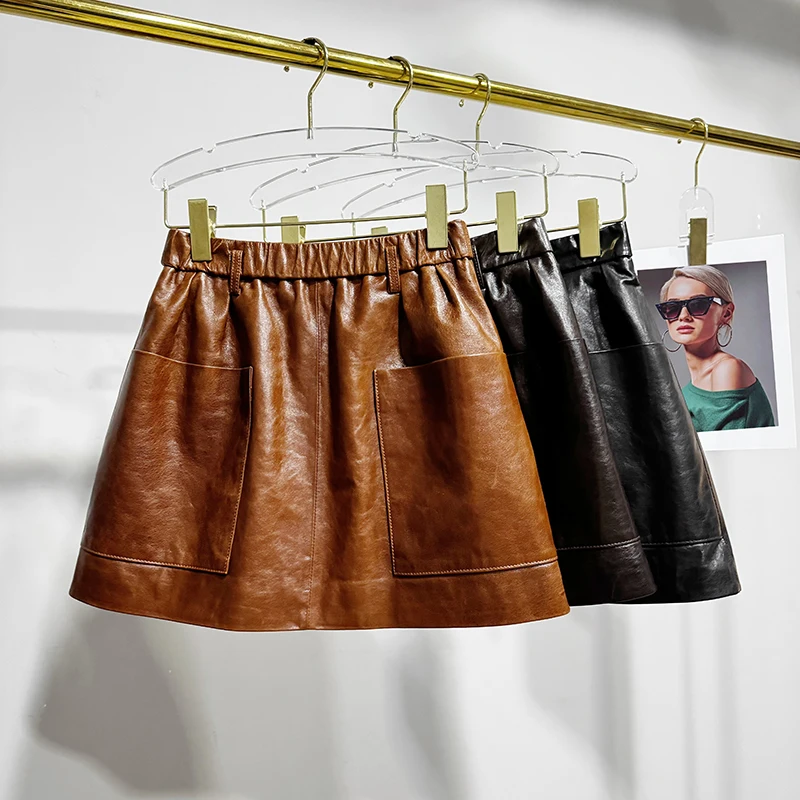 Genuine Leather Mini Skirt Fall Winter Women Elastic High Waist A-Line Casual Short Sheepskin Skirt with Front Pockets Harajuku