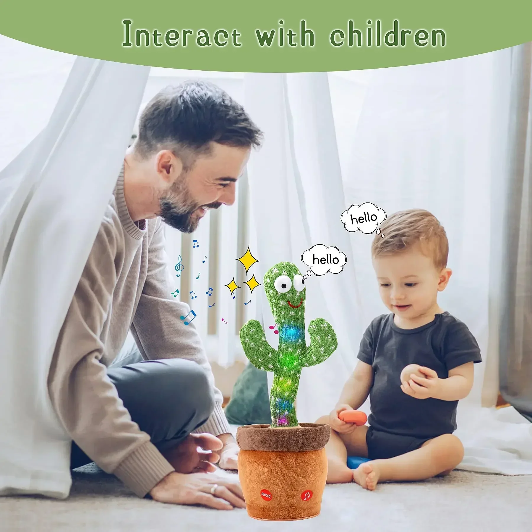 A talking cactus toy that can be charged, recorded, and repeated. Suitable for Spanish, English, and Arabic voice changer
