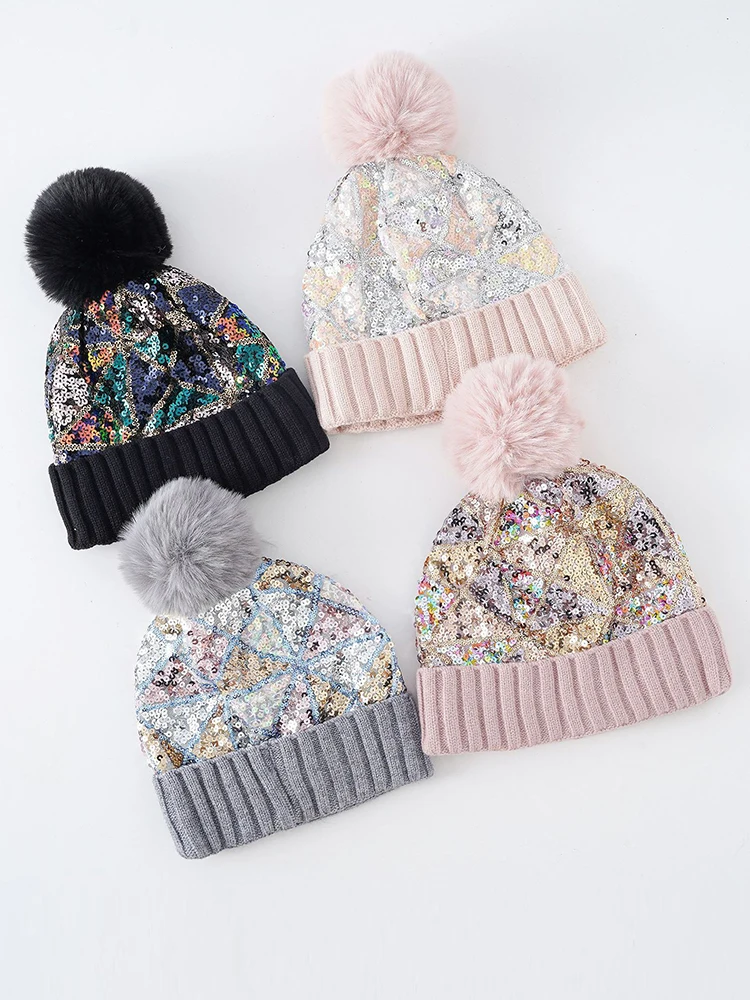 New 2023 Winter Mujer Ladies Christmas Hats Women Chic Glitter Sequin Pompom Hat Knitted Handmade Adult Cover Head Cap