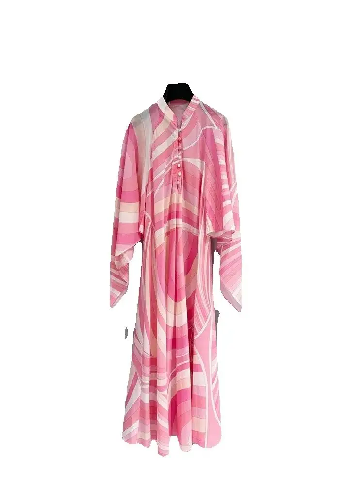 Spring Summer Fashion Casual Resort Geometric Print Silk Long Dress Women's Stand Collar Button Flare Long Sleeve A-Line Dresses