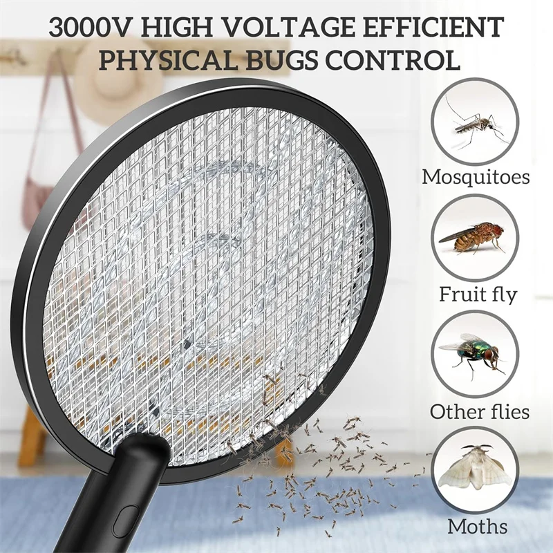 Electric Fly Swatter 4000V Bug Zapper Racket 2 in 1 Fly Swatter with 1200mAh Battery Rechargeable Mosquito Killer Lamp