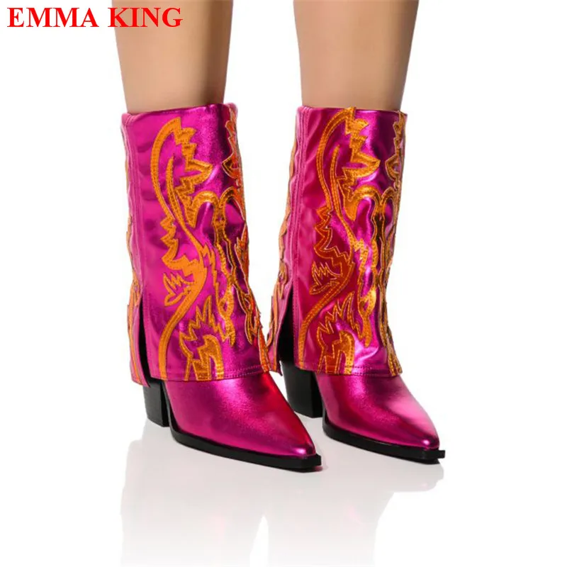 

Women Boots Autumn Winter Metallic Leather Shoes Women 2022 Embroidered Ankle Boots Chunky Heels Botas De Mujer Female Botines