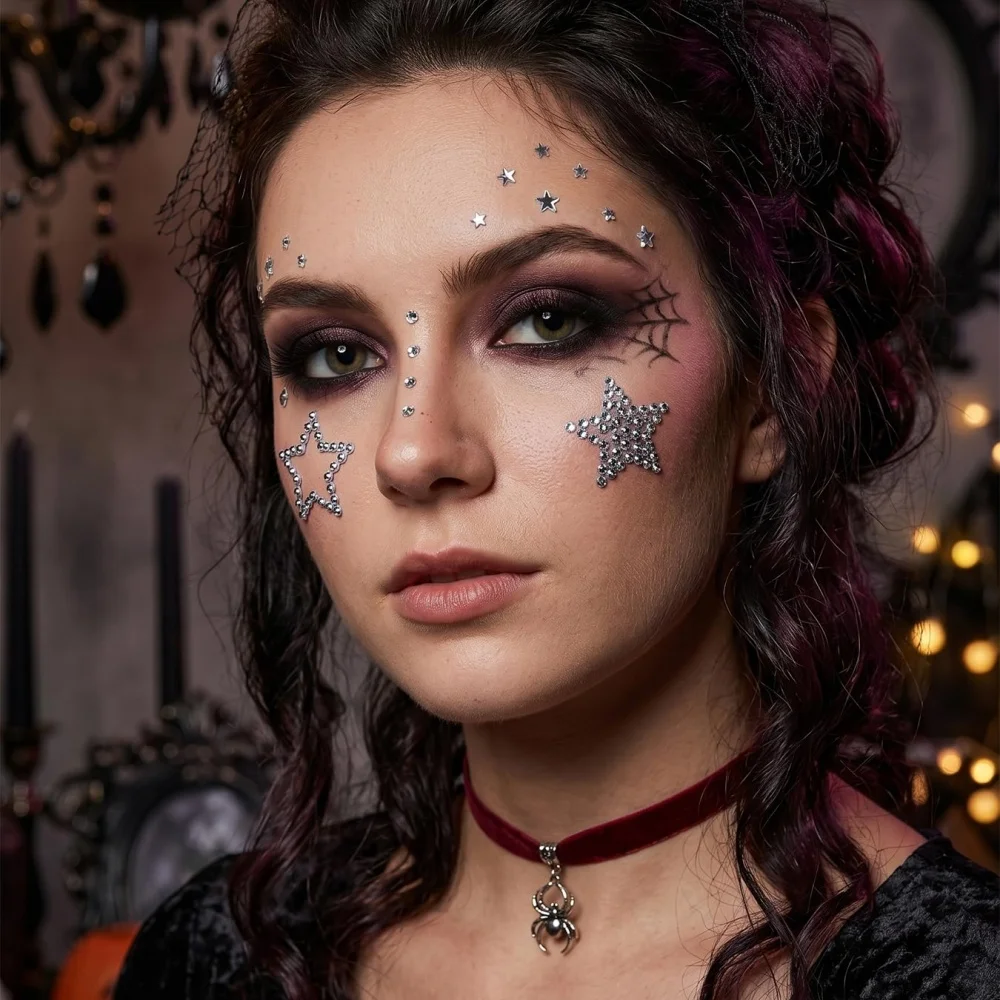 Fake Piercings Balls Stick on Nose Stud Fake Eyebrow Lip Hoop Medusa Labret Stud Adhesive Star Face Gems Rhinestone view 4