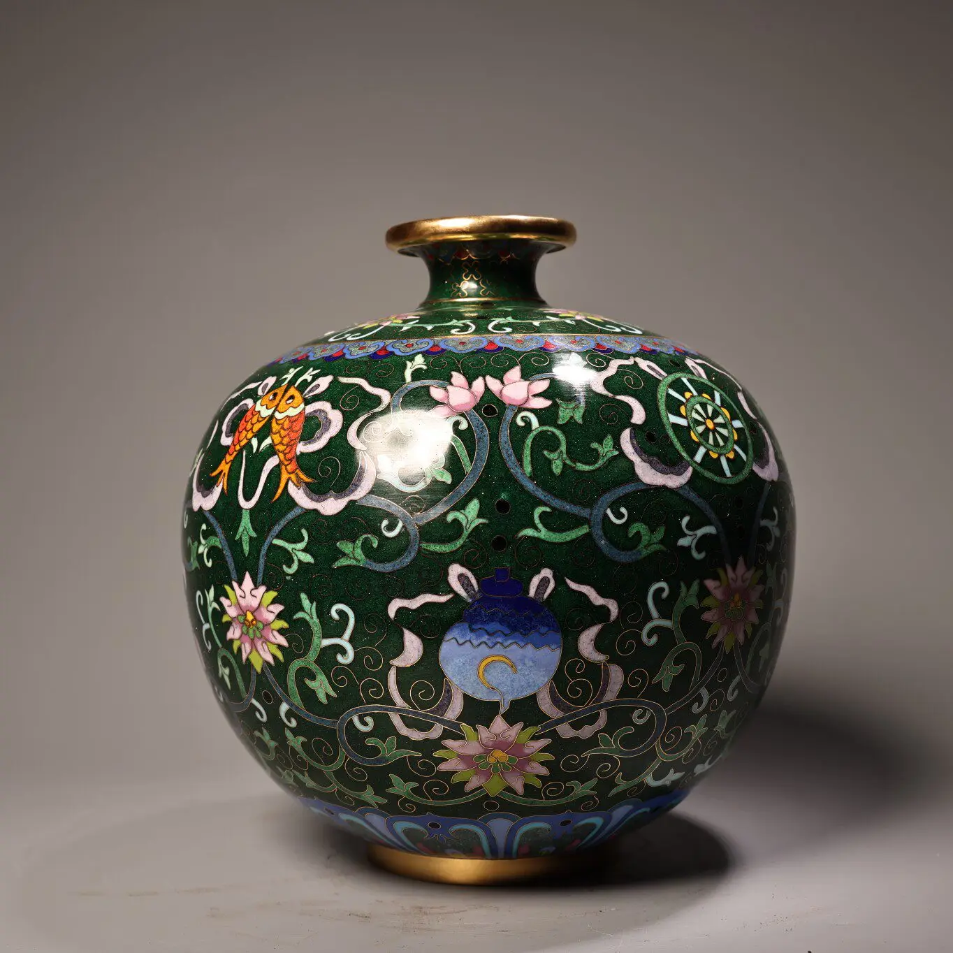 Cloisonne Enamel Eight Auspicious Symbols Vase Copper Body Gilded Exquisite Home Decor Collectible
