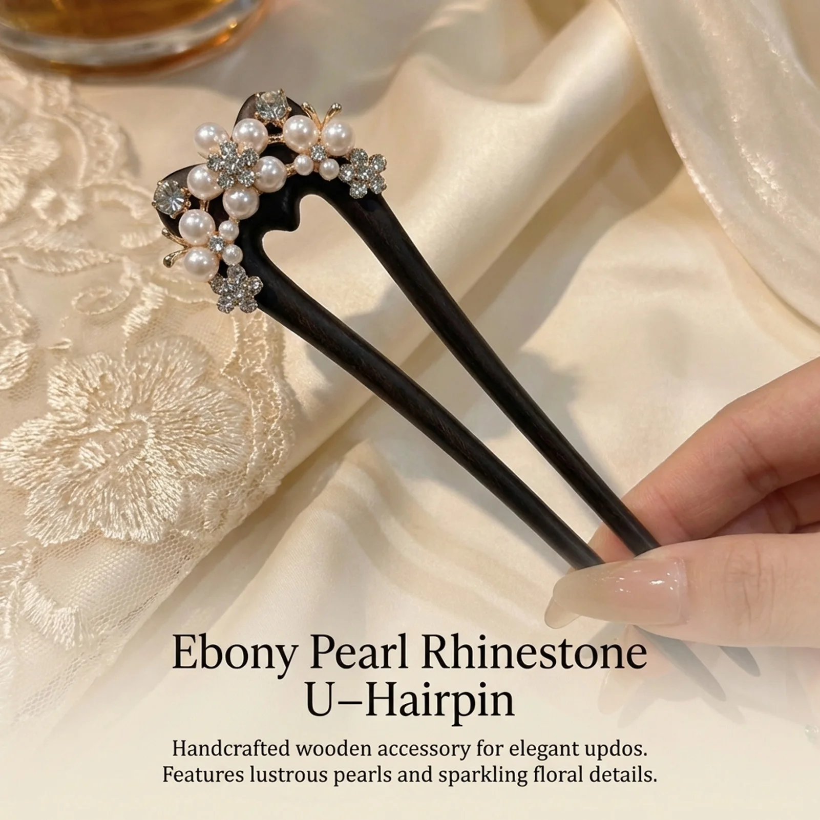 

Wooden U-Shaped Hairpin with Elegant Pearl/Rhinestone Decoration Retro Chinese Style Hair Sticks Women Daily Ponytail Holder