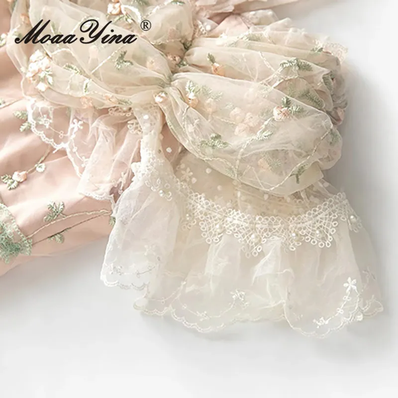 MoaaYina malha bordada meia manga em camadas babado borda de renda manga curta vestido de festa S-4XL 2025 primavera/verão