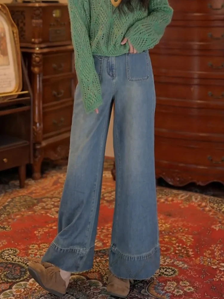 Retro Hong Kong Style High Waist Wide Leg Jeans Women's Casual Fashionable Spring Autumn New Simple Match All Cotton Breathable